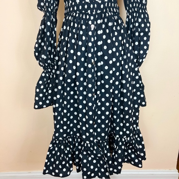 New! CAROLINE CONSTAS Puff Sleeve Polka Dot Ruffle Midi Dress - Picture 4 of 7
